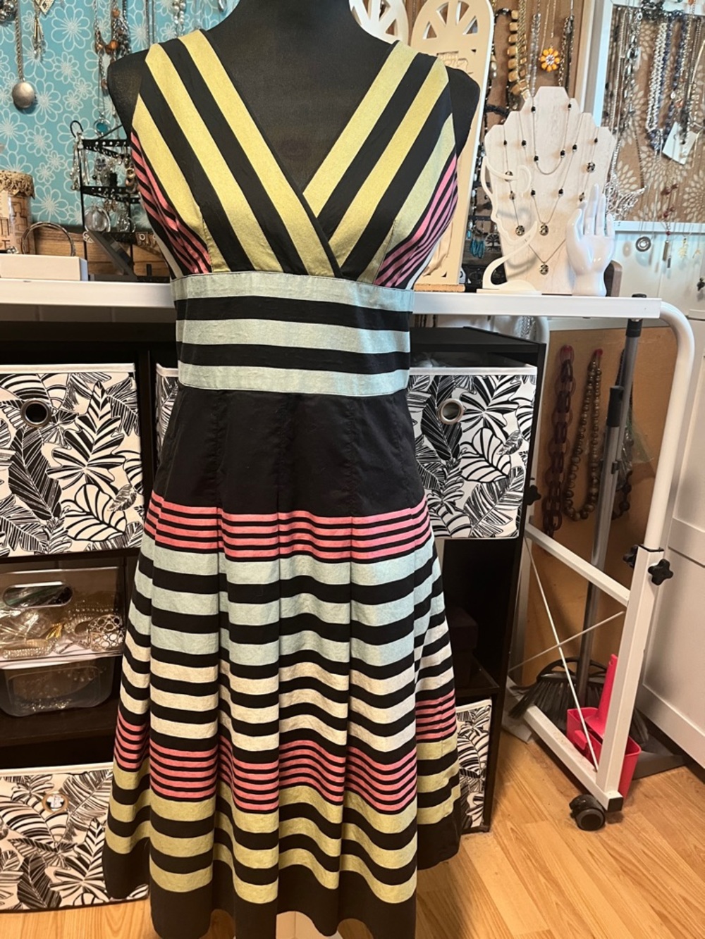 Kay Unger Striped V-Neck Dress